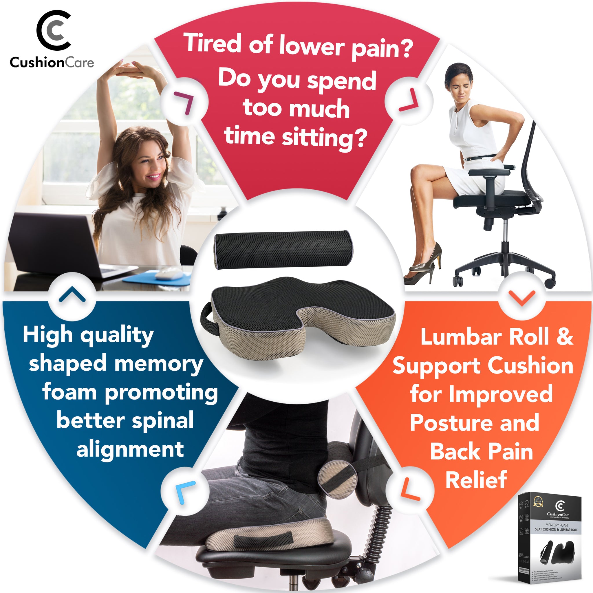 Upgraded Seat Cushion & Lumbar Support Pillow for Office Chair-One-Piece  Memory Foam Chair Cushion for Desk Chair-Car Wheelchair Cushion for Lower
